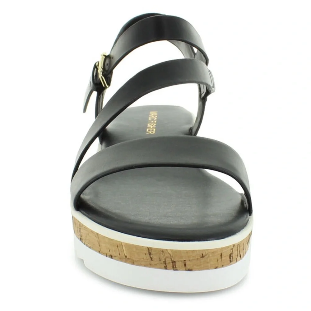 Marc Fisher Grandie Black Faux Leather Wedge Sandals Shoes Womens Size 9.5 - Picture 3 of 11